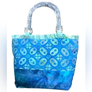 Tropical Tie Dye Print Small Tote Bag Change Purse Included Blue Green NWOT